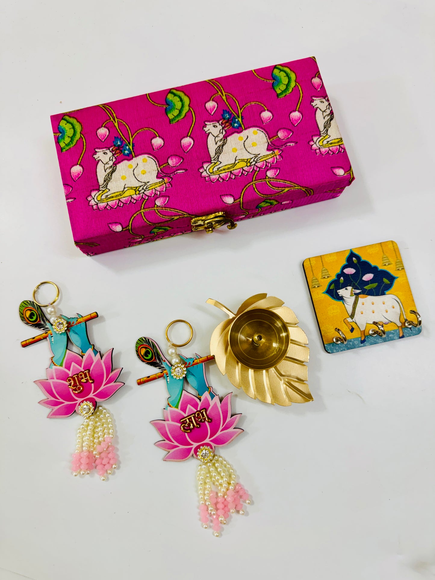 Krishna Gift Hamper | Pichwai Box with Shubh Labh, Brass Diya & Key Hanging
