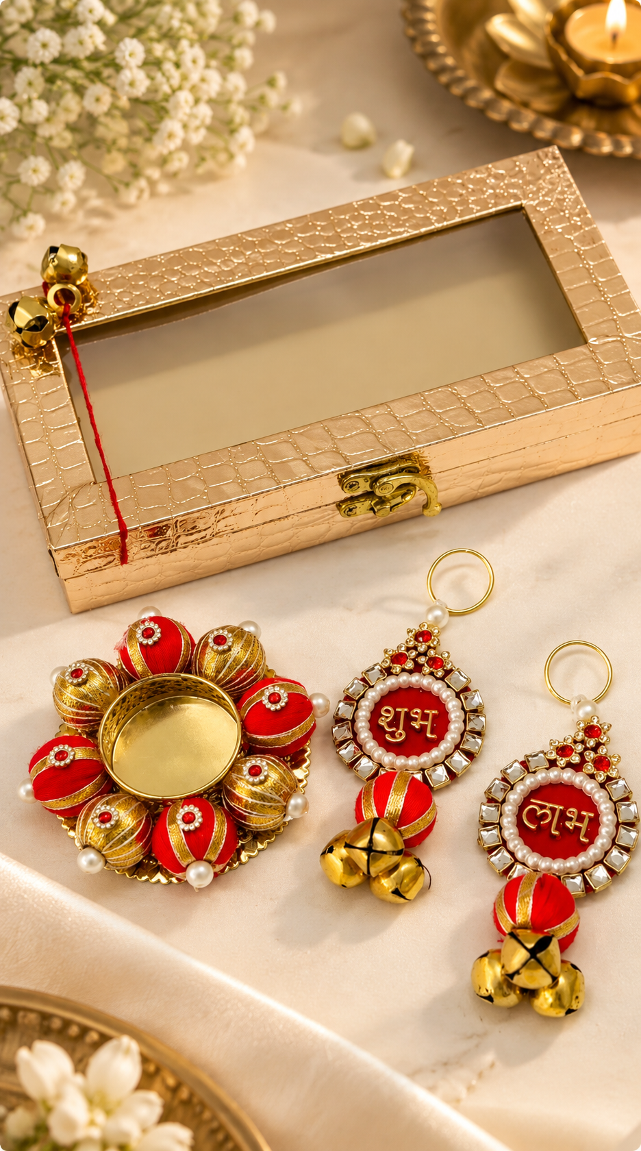 Golden MDF Diwali Gift Box with Shubh Labh Hanging & Tea Light