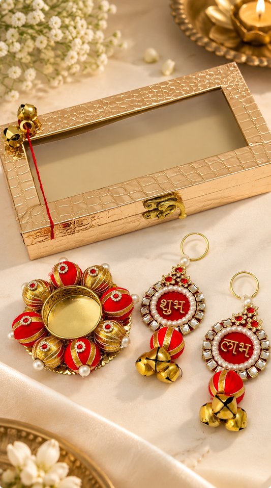 Golden MDF Diwali Gift Box with Shubh Labh Hanging & Tea Light