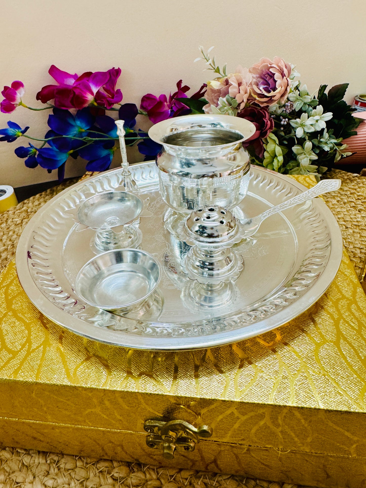 German Silver Pooja Thali Set with Kalash, Diya & Spoon | Elegant Wedding & Festive Gift