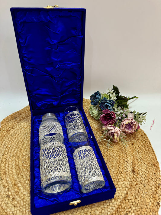 German Silver Work Glass Bottle Set (With 2 Glasses)