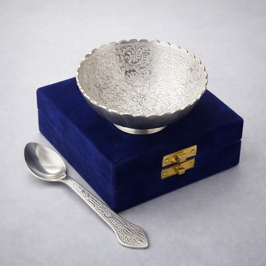 German Silver Bowl & Spoon Set with Velvet Box (4 Inch)