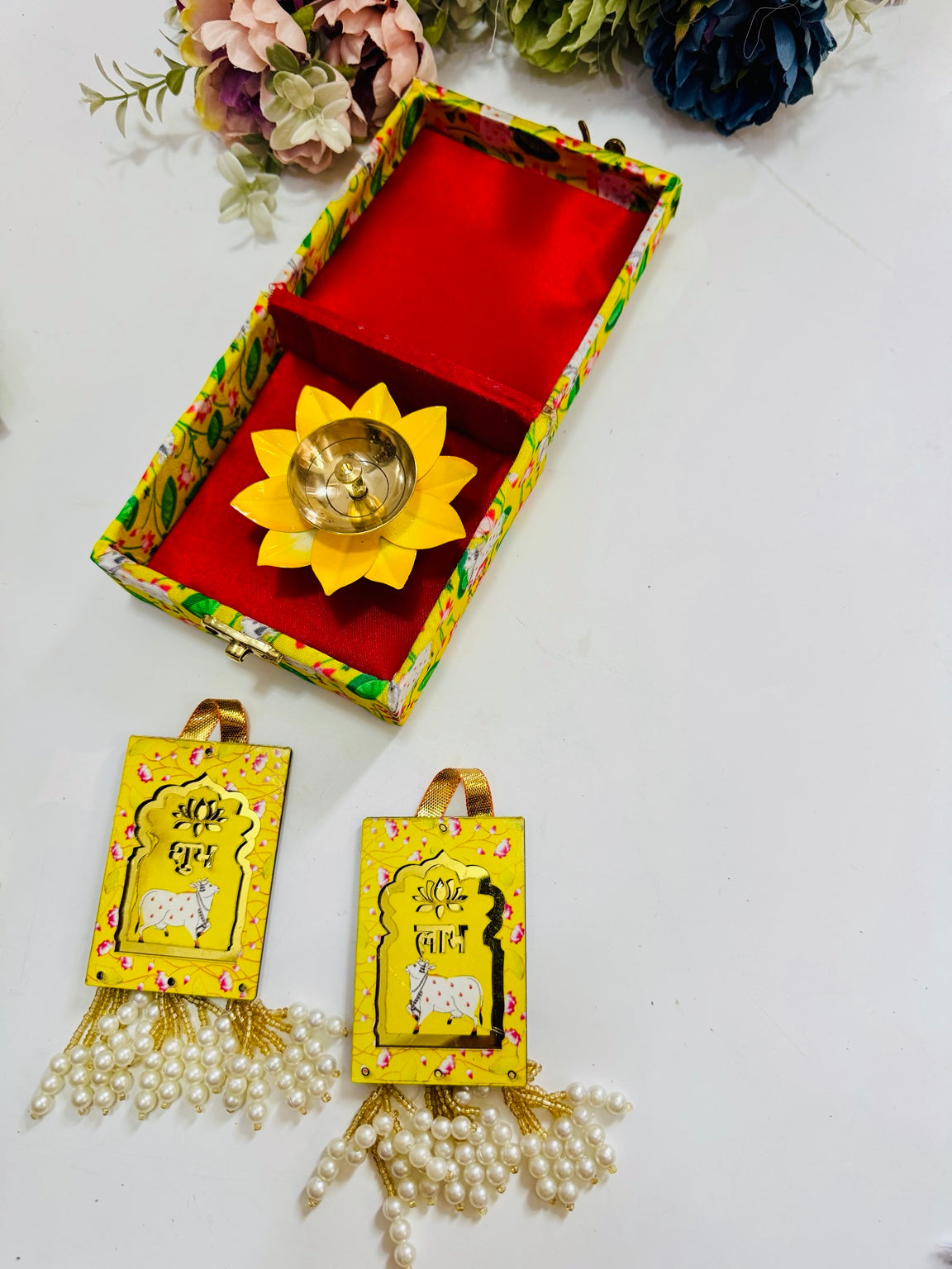 Pichwai Theme Gift Hamper with Lotus Brass Diya & Wooden Shubh Labh