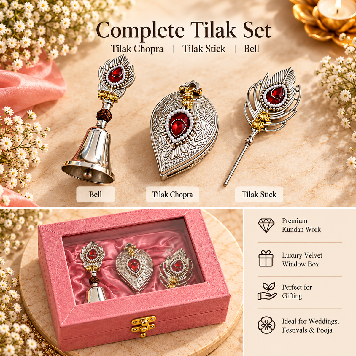 Premium Kundan Tilak Chopra, Tilak Stick & Bell Set with Velvet Window Box