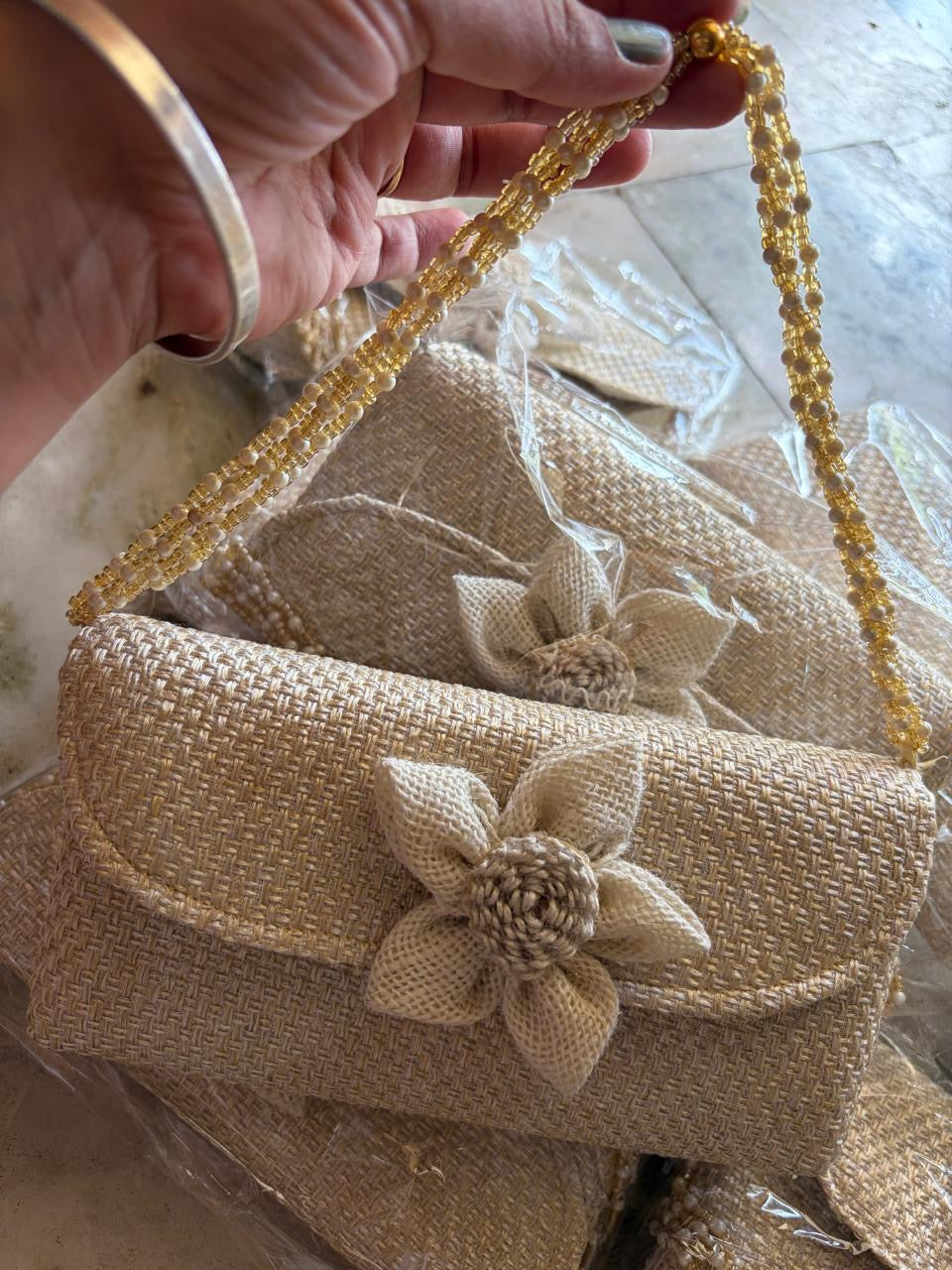 Jute clutch with pearl handle