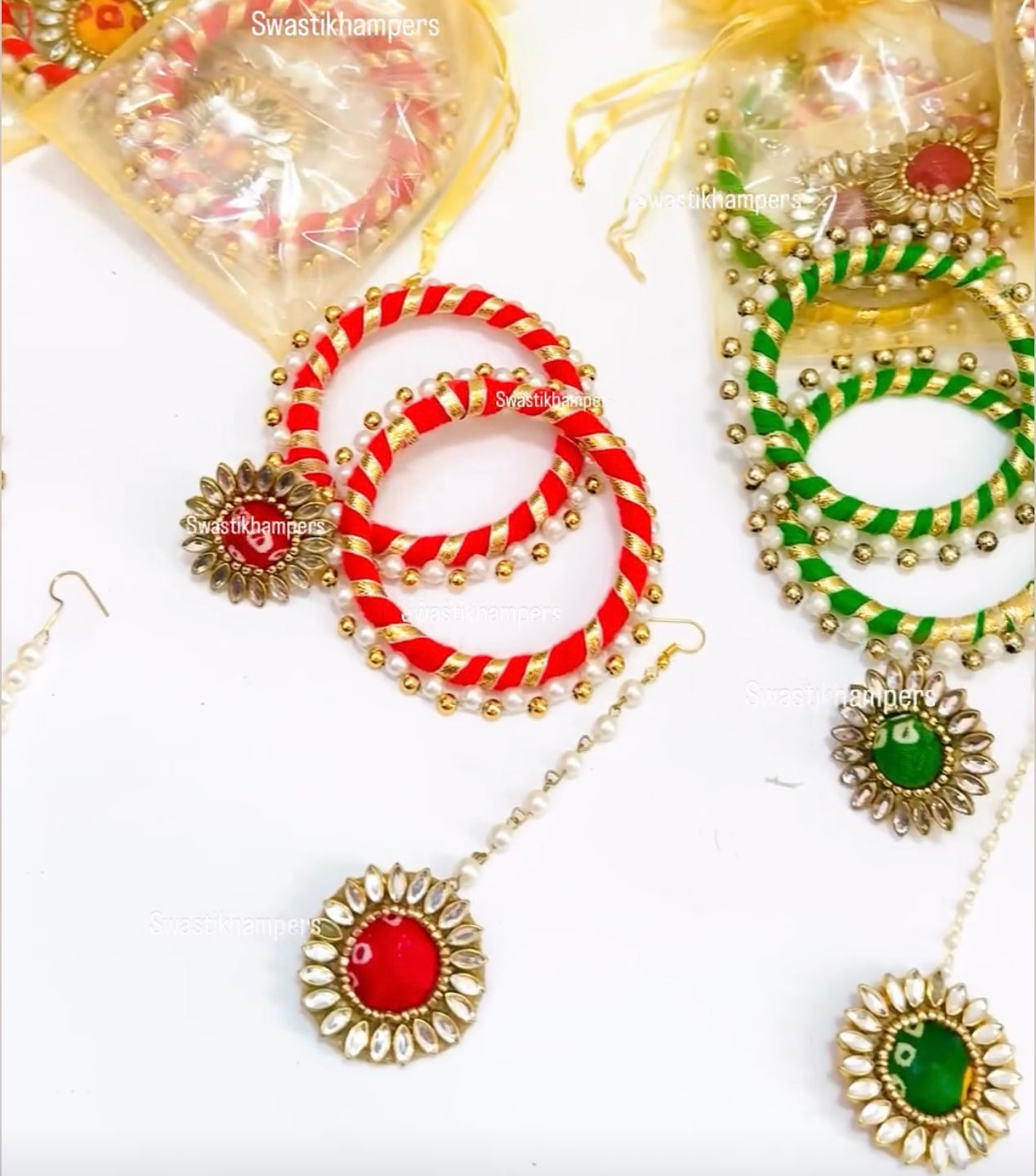 Haldi–Mehendi Favour Set – Gota Beads Bangles, Bandhej Ring & Mangtika (with Organza Potli)