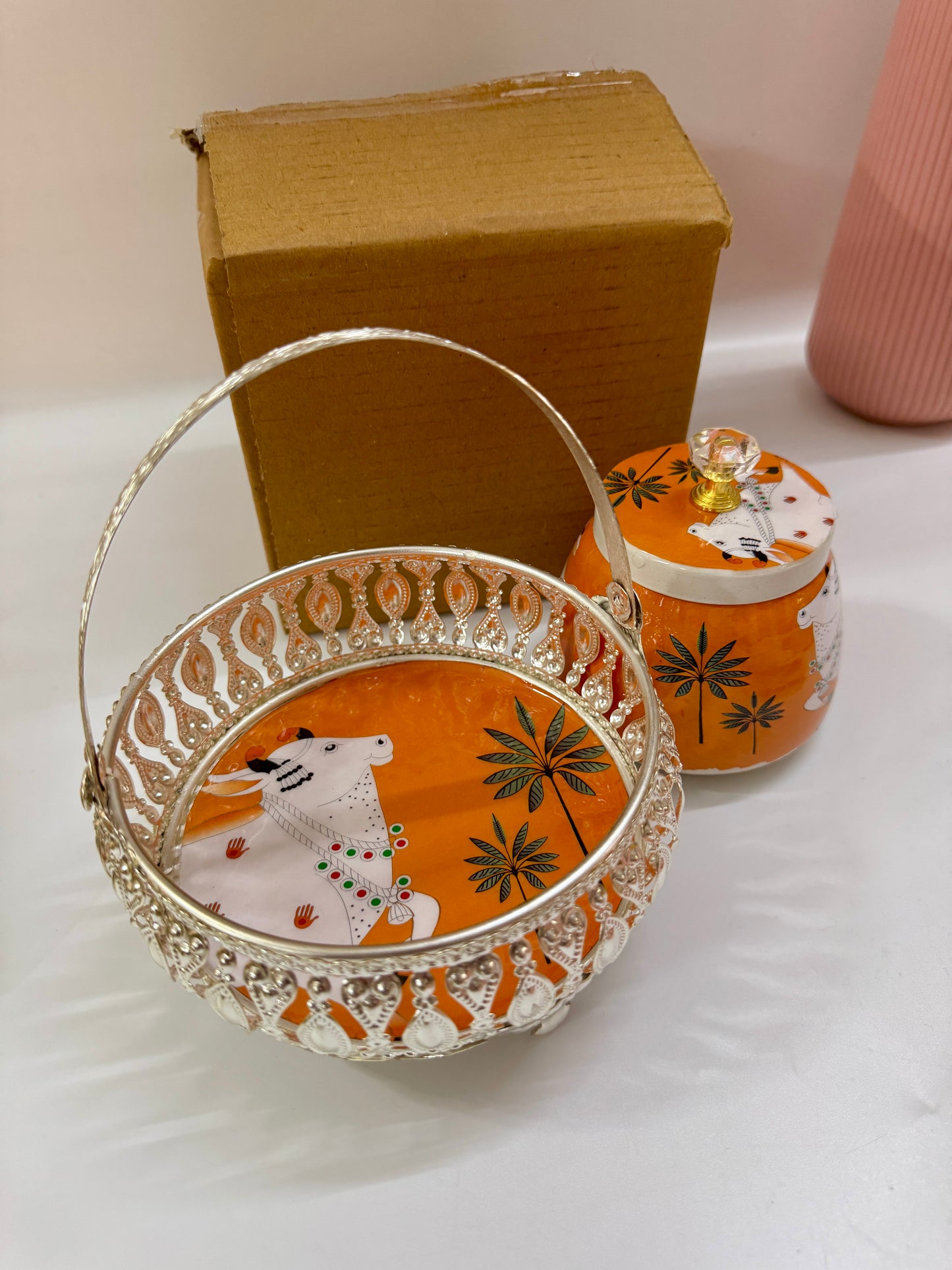German Silver Pichwai Tray & Jar Set