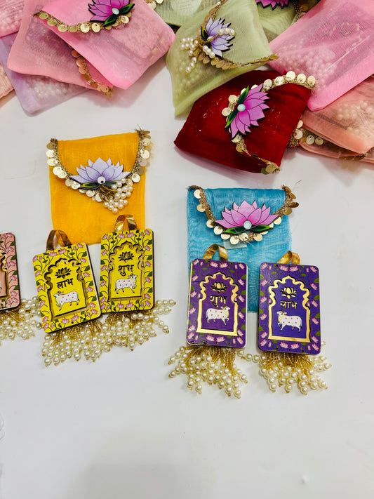 Organza Lotus Pouches with Pichwai Shubh Labh