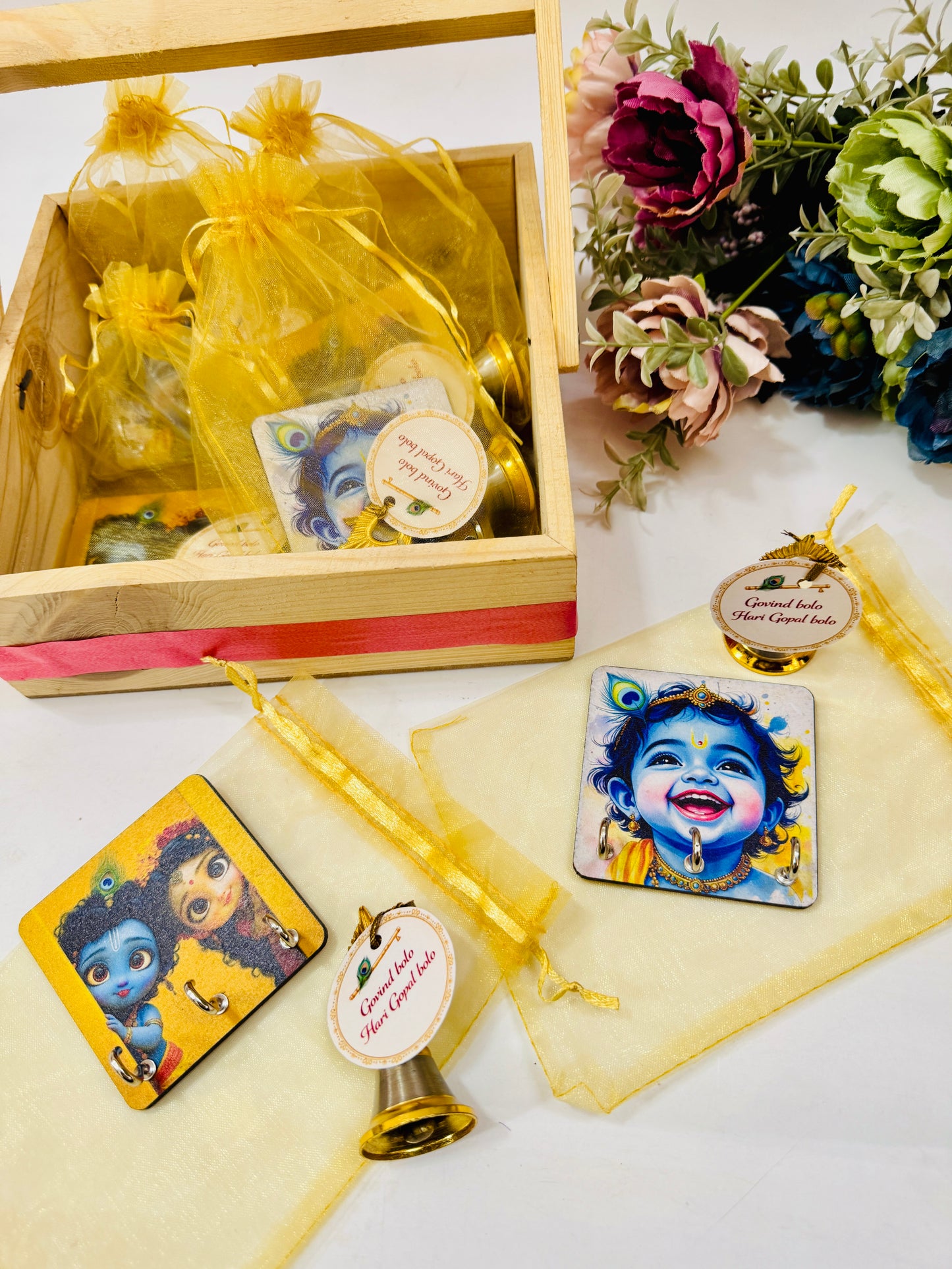 Krishna Bhajan Return Gift Set (Potli + Bell + Key Hanging)