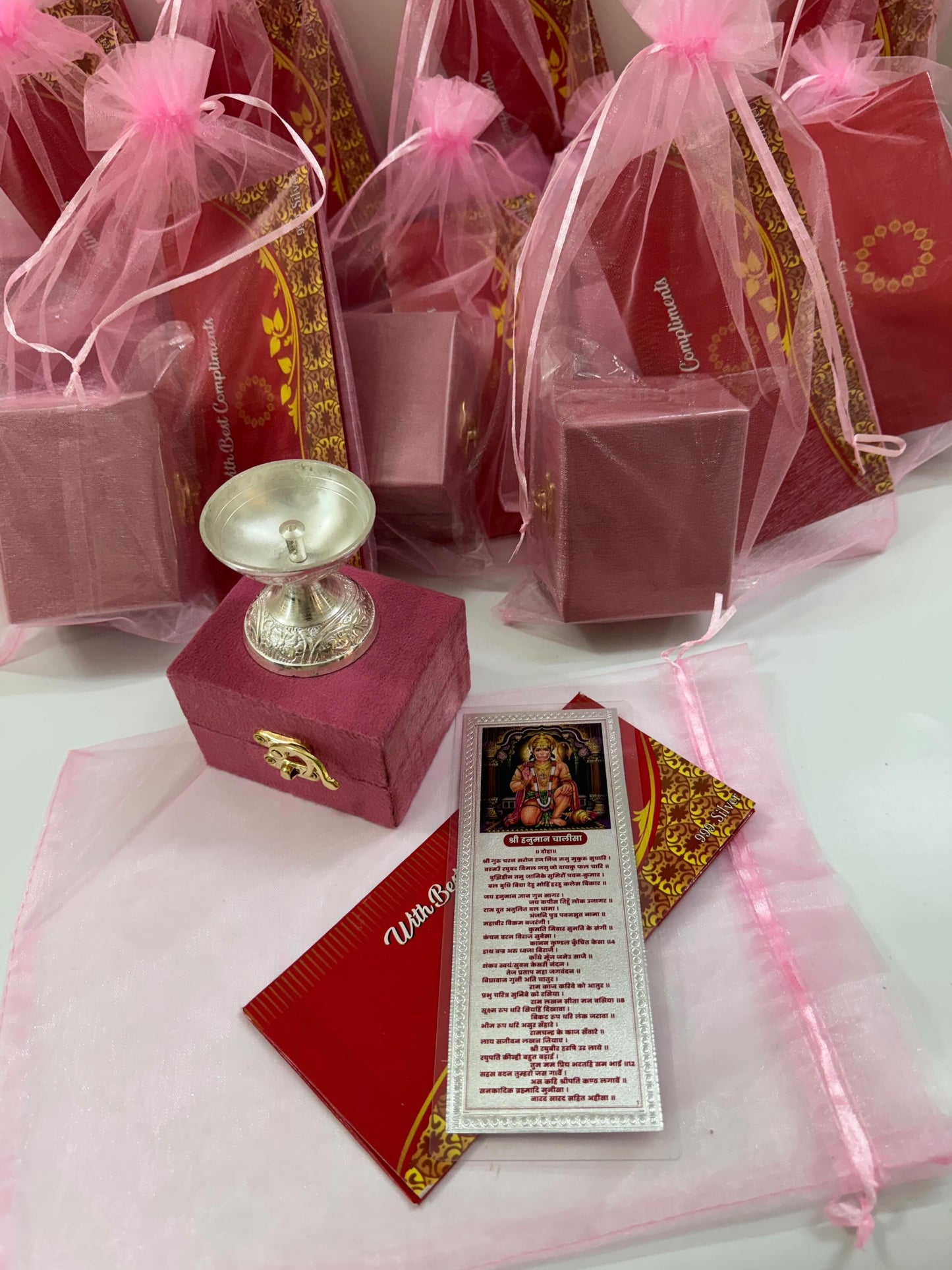 Organza Potli Gift Set with Naqqashi German Silver Diya & 999 Silver Hanuman Chalisa | Return Gift