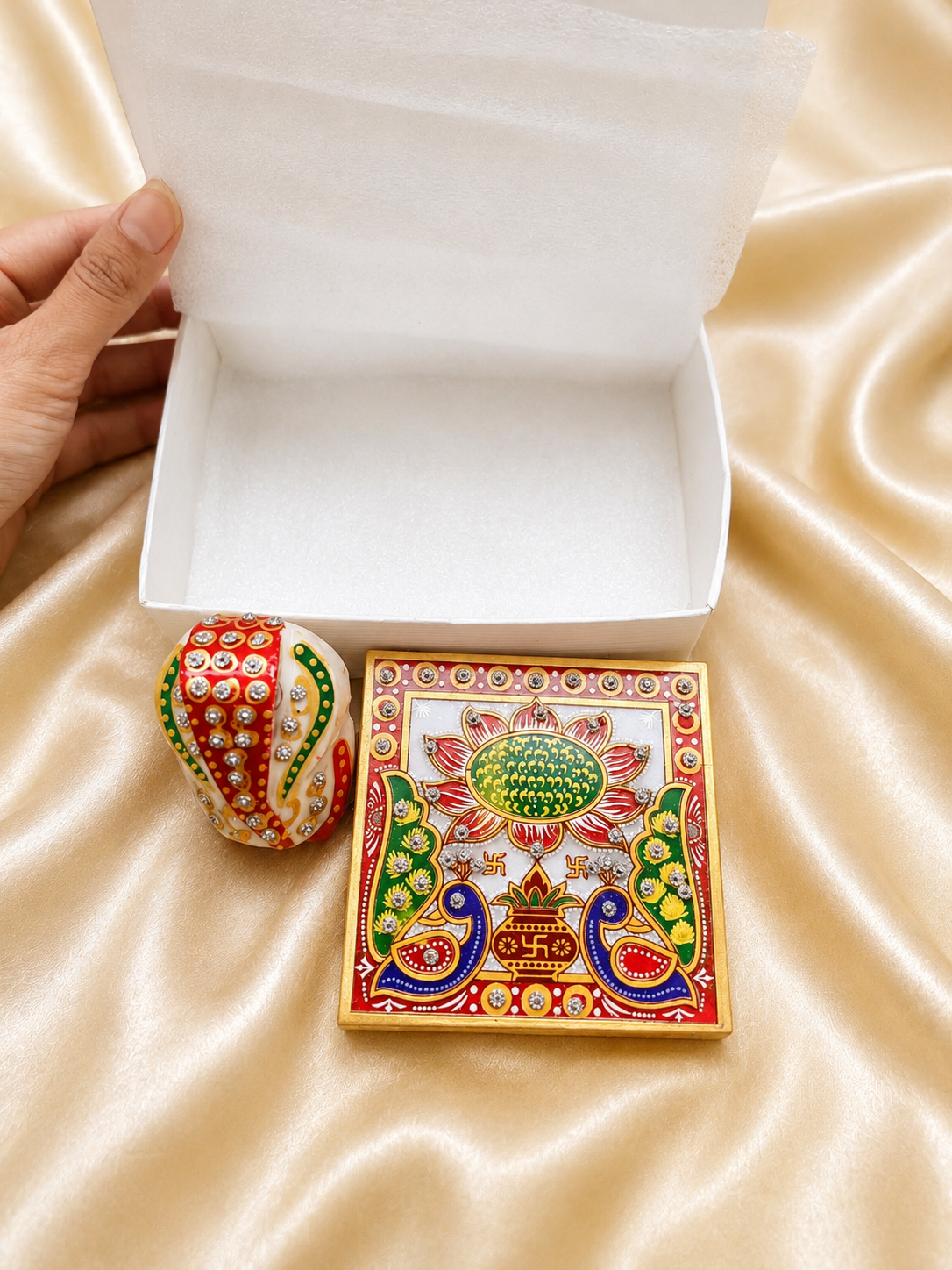 Handcrafted Marble Chowki with Meenakari Ganesh Ji Idol | Decorative Pooja Set with Box Packing