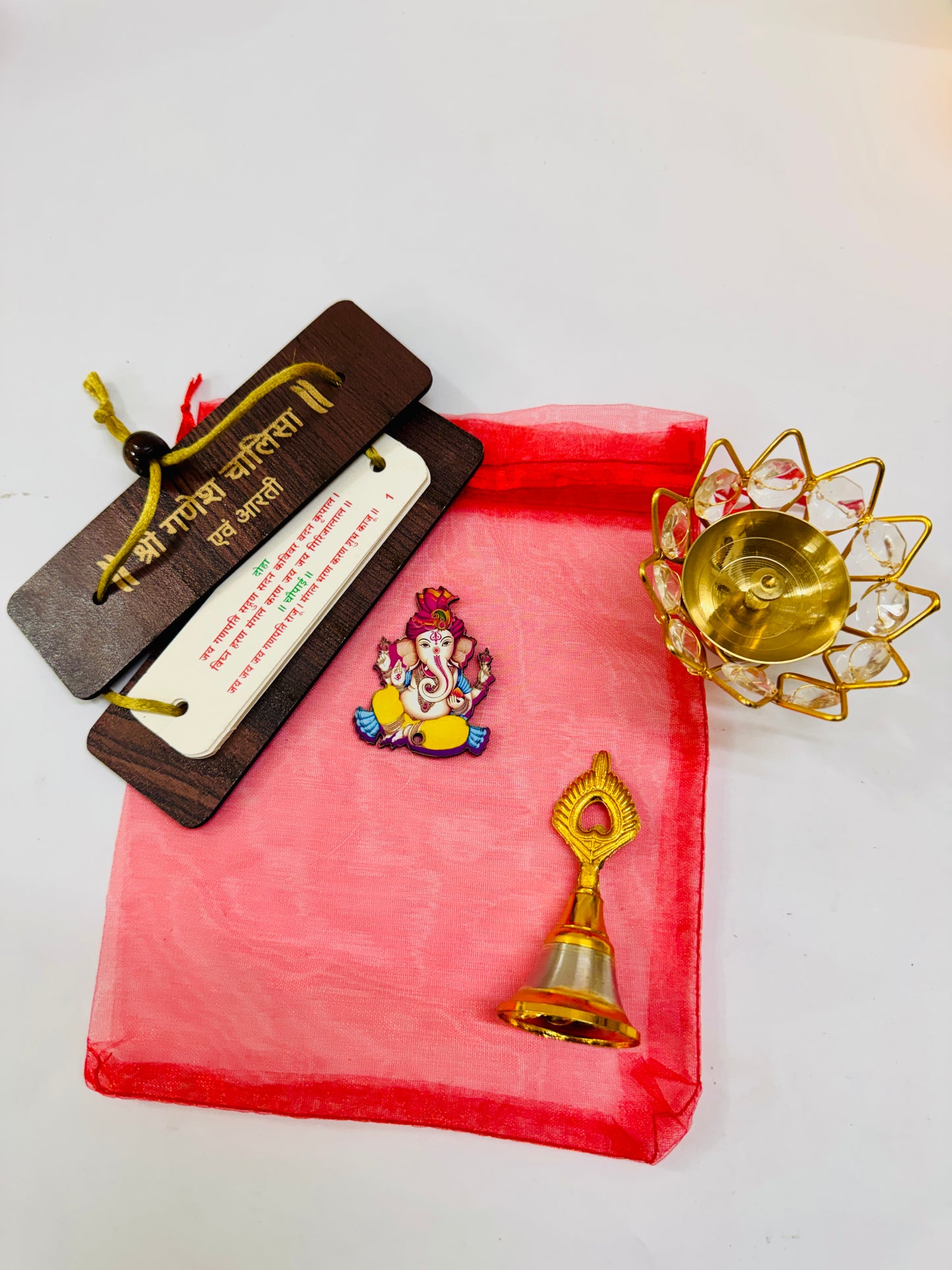 Ganesh Blessings Pooja Potli Gift Hamper | Crystal Brass Diya & Bell
