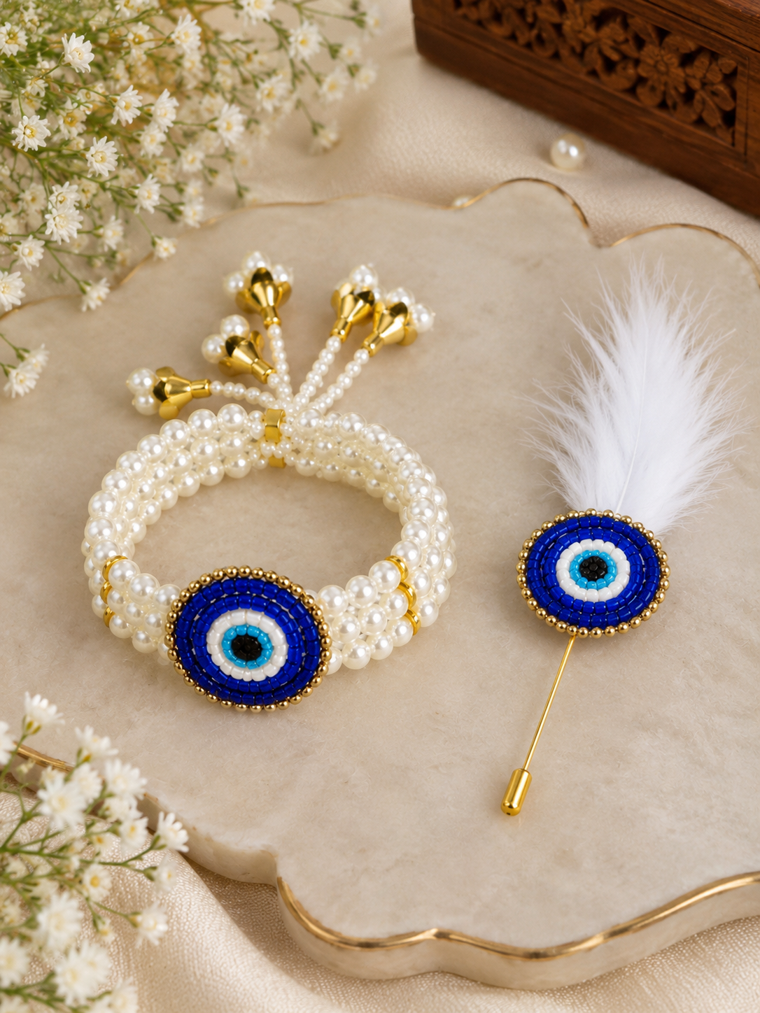 Evil Eye Pearl Bracelet with Matching Lapel Pin