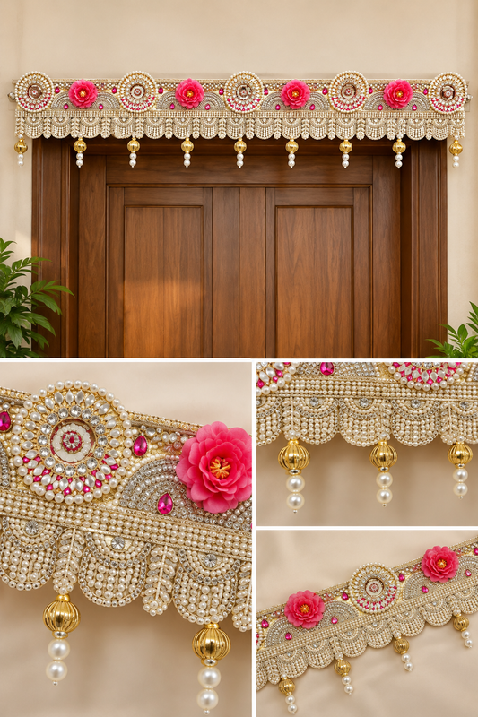 Kundan Pearl & Mirror Work Bandhani Door Toran – 40 Inch