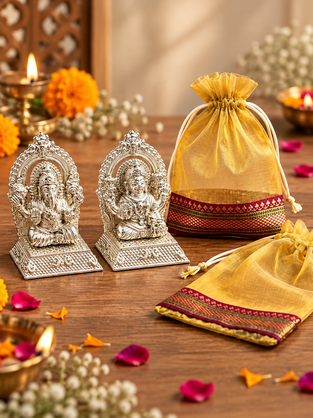 Premium German Silver Lakshmi Ji and Ganesh Ji Idol Pair with Beautiful Potli