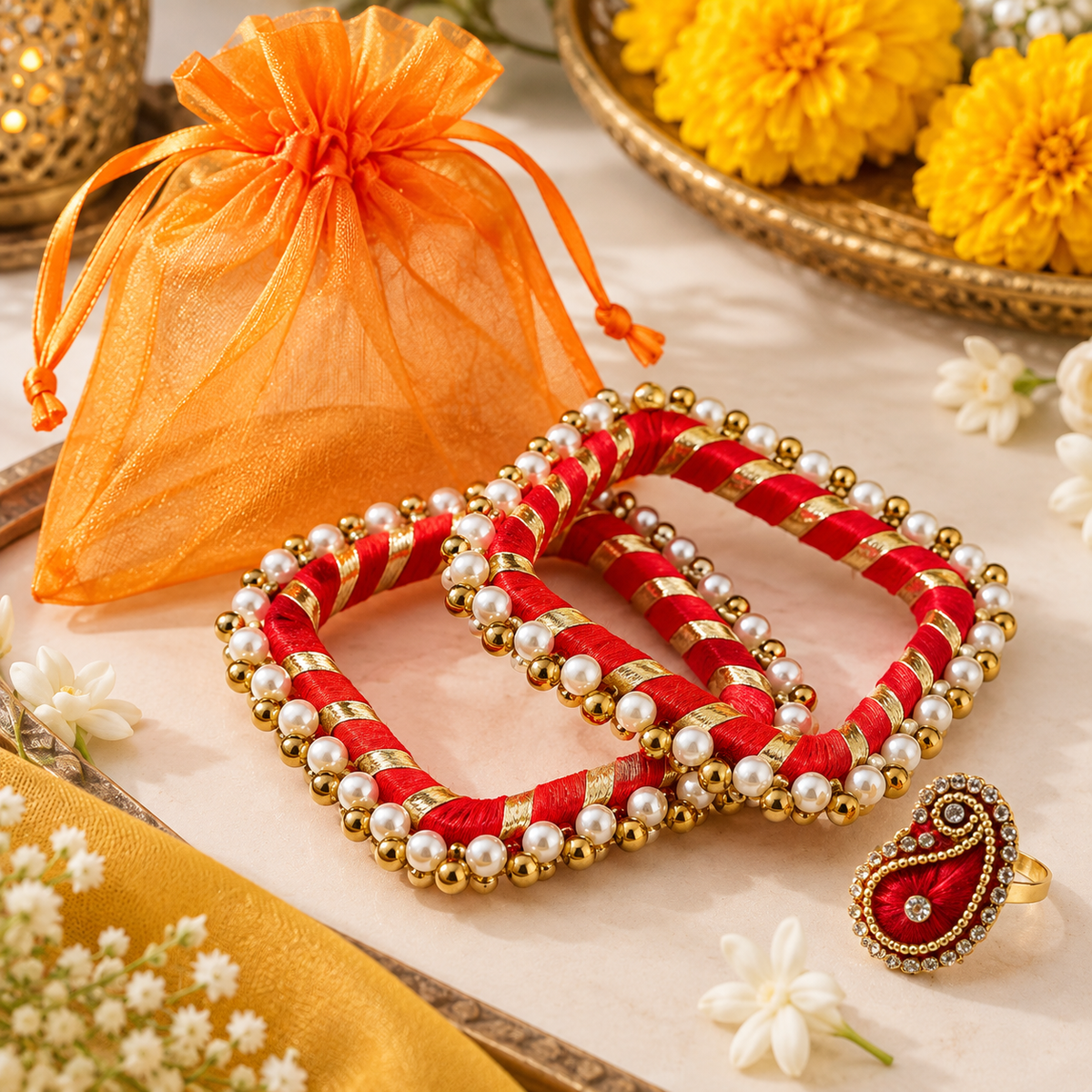 Thread Work & Gota Pearl Bangles with Matching Ring and Organza Potli