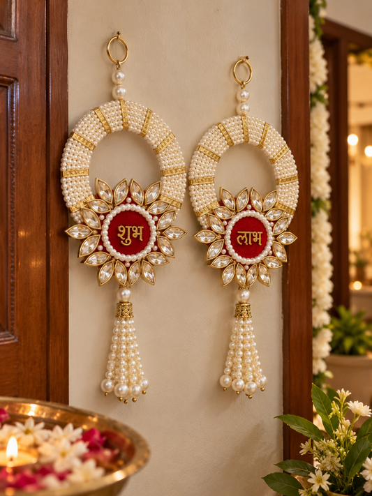 Pearl & Kundan Stone Work Shubh Labh Hanging Pair | Gold & Red Festive Door Decor