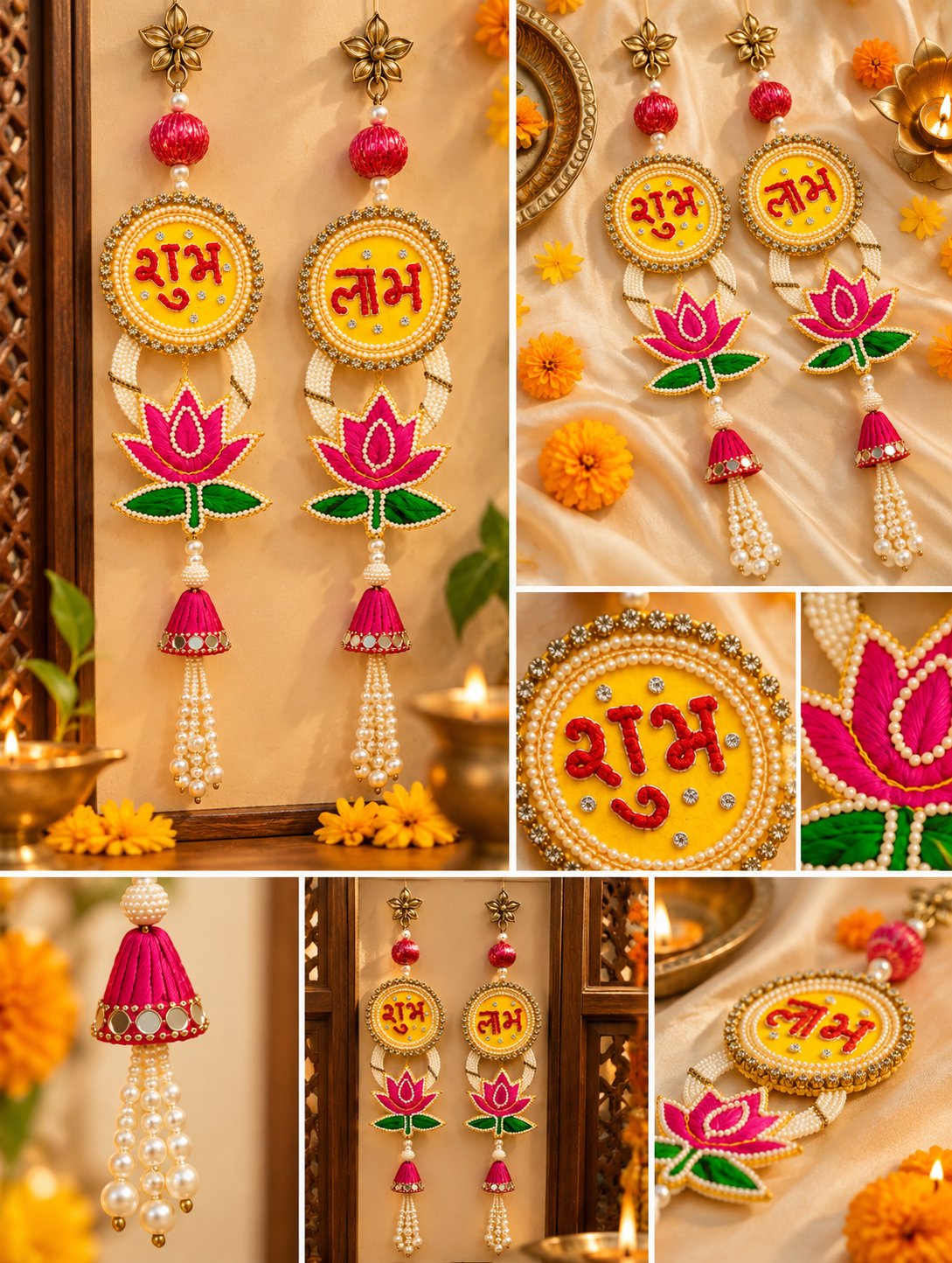 Shubh Labh Wall Hanging Pair with Lotus & Pearl Beads | Traditional Diwali Main Door Decoration