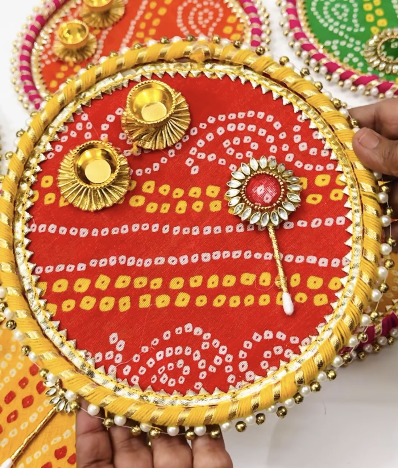 🌼 8 Inch Bandhej Tilak Plate with Matching Tilak Stick 🌼