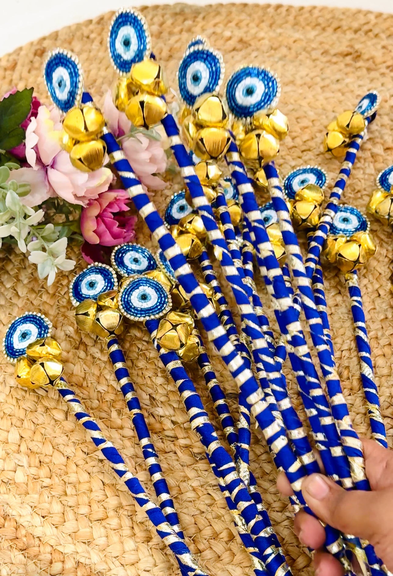 Triple Ghungroo Evil Eye Rattle Stick | Wedding Phera Essentials | Baraat Swagat Props | Blue & Gold