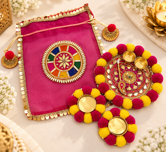 Premium Festive Pooja Hamper – Potli & Designer Pooja Thali Set