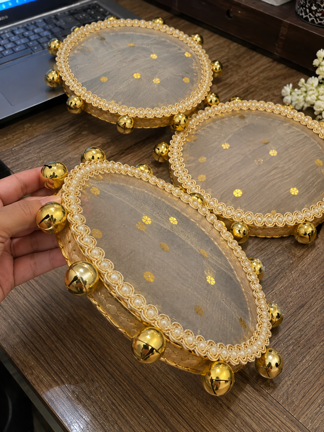 Decorative Wedding Dafli Tambourine | Golden Bell Dafli for Phera & Couple Entry