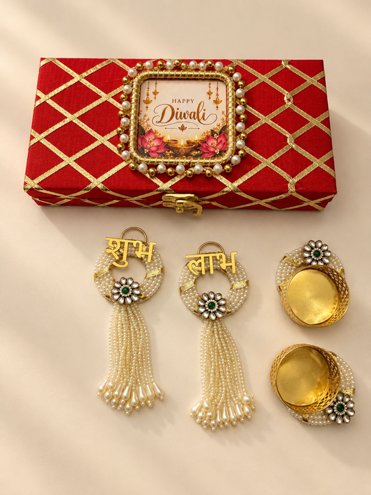 Diwali Gift Hamper in Colourful Gota-Decorated Wooden Trunk Box with Shubh Labh Pair & Matching Tea Light Holders