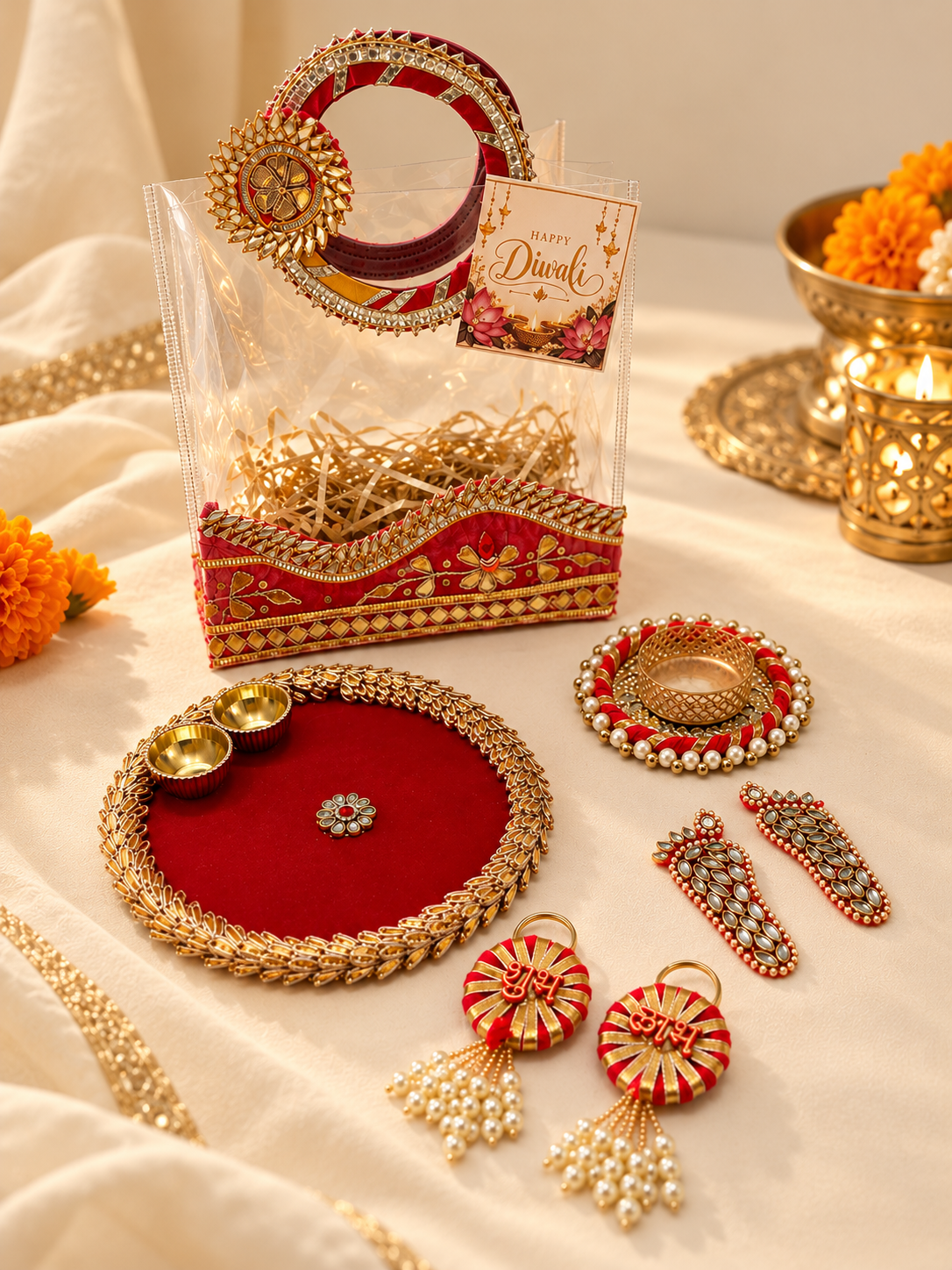 Premium Diwali Gift Hamper – Red & Gold Festive Puja Gift Set