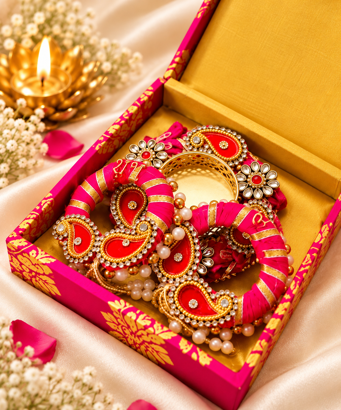 Diwali Hamper with Handcrafted Kundan Tealight Holder & Shubh Labh Hanging