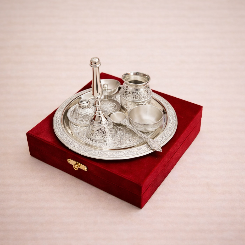 German Silver Pooja Thali Set (8 Inch) with Kalash, Diya, Bell & Bowls | Wedding & Housewarming Gift