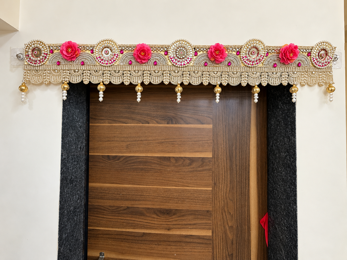 Kundan Pearl & Mirror Work Bandhani Door Toran – 40 Inch