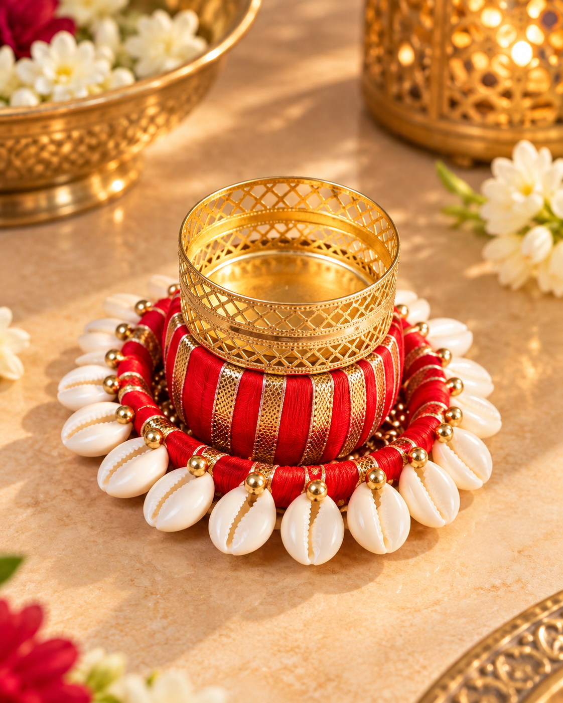 Shells dholak Rangoli Tealight Candle Holder