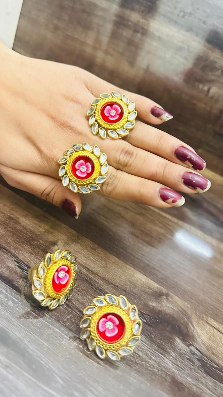 Pink flower kundan ring