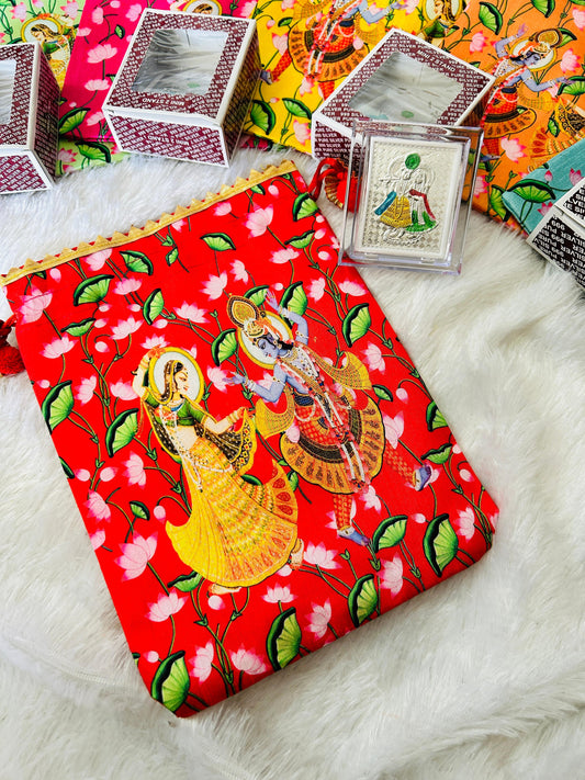 Radha Krishna Silver Frame with Potli