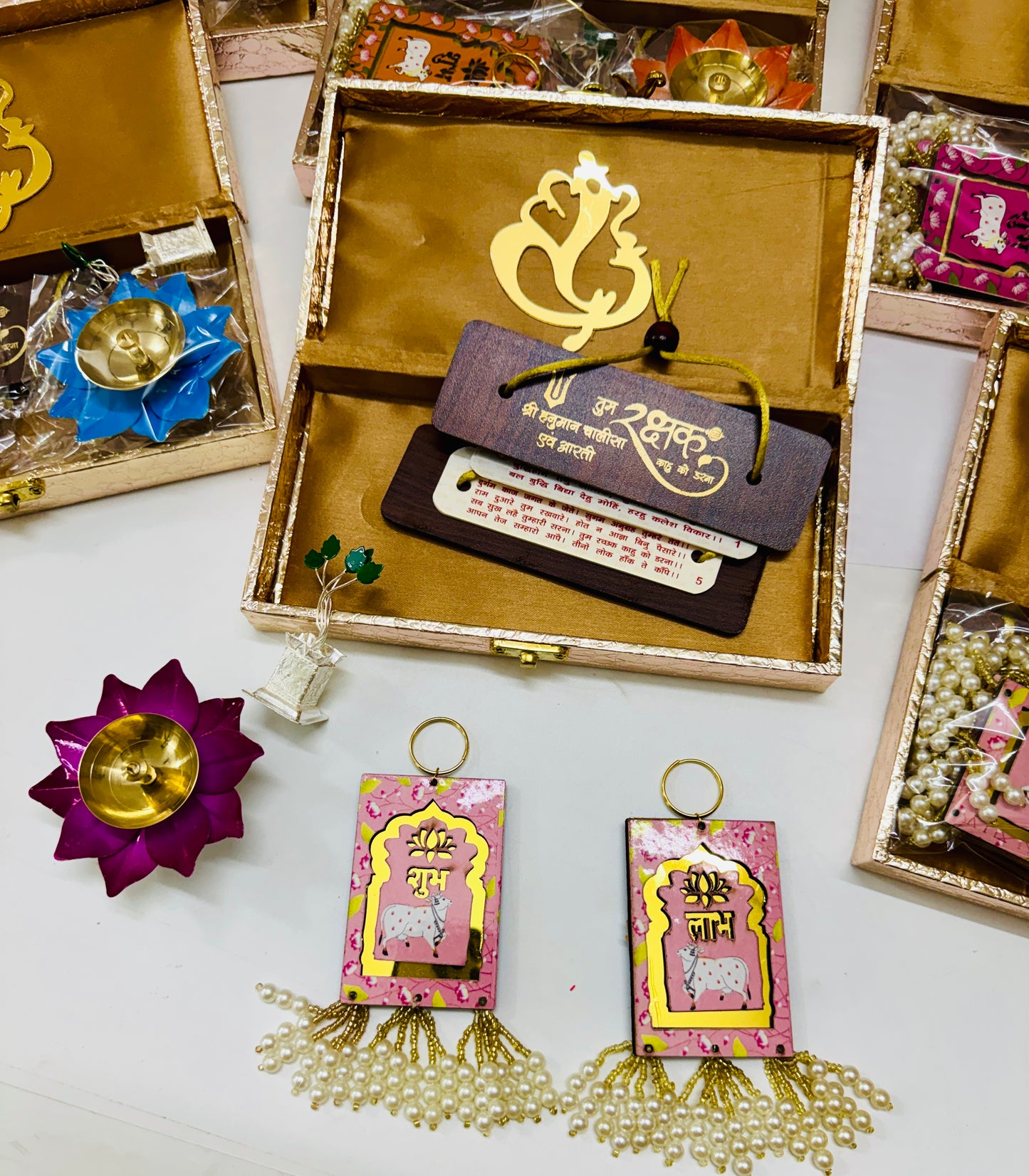 Premium Golden Lotus Spiritual Gift Hamper | Ganpati Box, Hanuman Chalisa & Lotus Diya