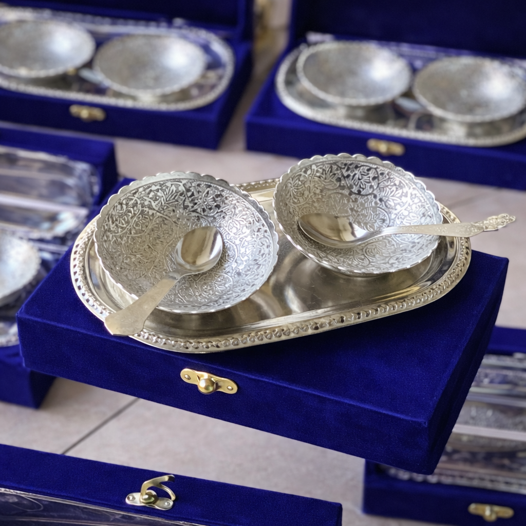 German Silver Tray & Bowl Set with Velvet Box | 4 Inch Bowls, 8.5 Inch Tray | Wedding & Housewarming Return Gift