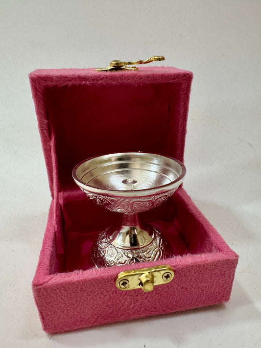 German Silver Naqqashi Diya with Premium Suede Box | Pooja Gift | Festive Return Gift