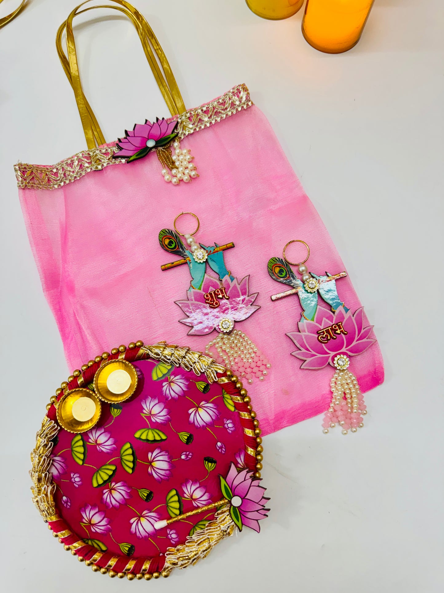 Pichwai Theme Hamper | Organza Lotus Bag with Krishna Shubh Labh & Tilak Plate