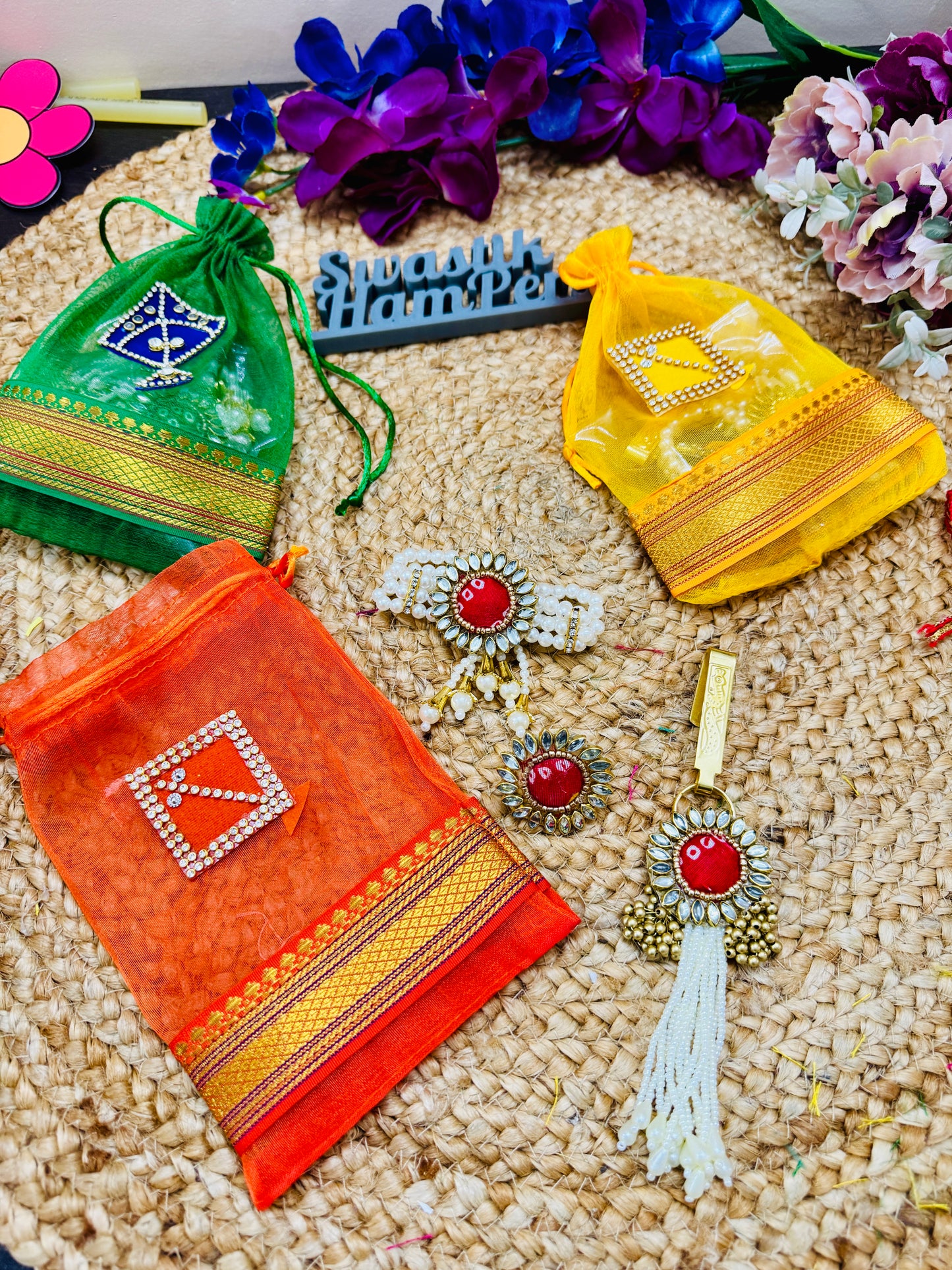 Sankranti Lohri Kite Theme Potli Hamper | Bandhej Bracelet, Ring & Satka | Festive Return Gift