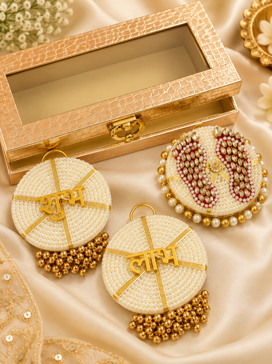 Premium Golden Box with Shubh-Labh Hanging & Kundan Pearl Lakshmi Charan