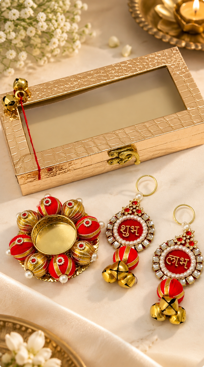 Golden MDF Diwali Gift Box with Shubh Labh Hanging & Tea Light