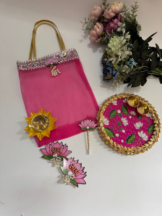 Lotus Theme Pooja Gift Set – Organza Bag with Lotus Plate & Accessories