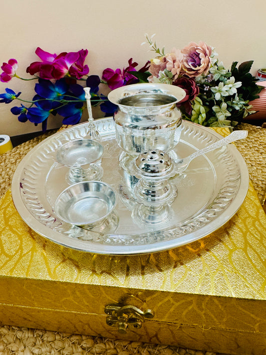 German Silver Pooja Thali Set with Kalash, Diya & Spoon | Elegant Wedding & Festive Gift