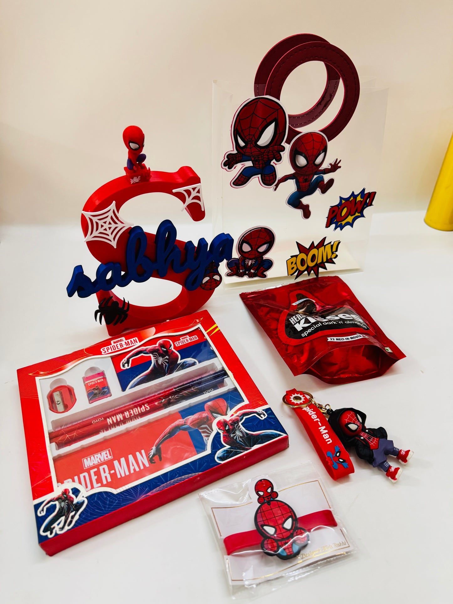 Personalized Spider-Man Gift Hamper with PVC Bag, Name Stand, Rakhi & Stationery | Kids Gift