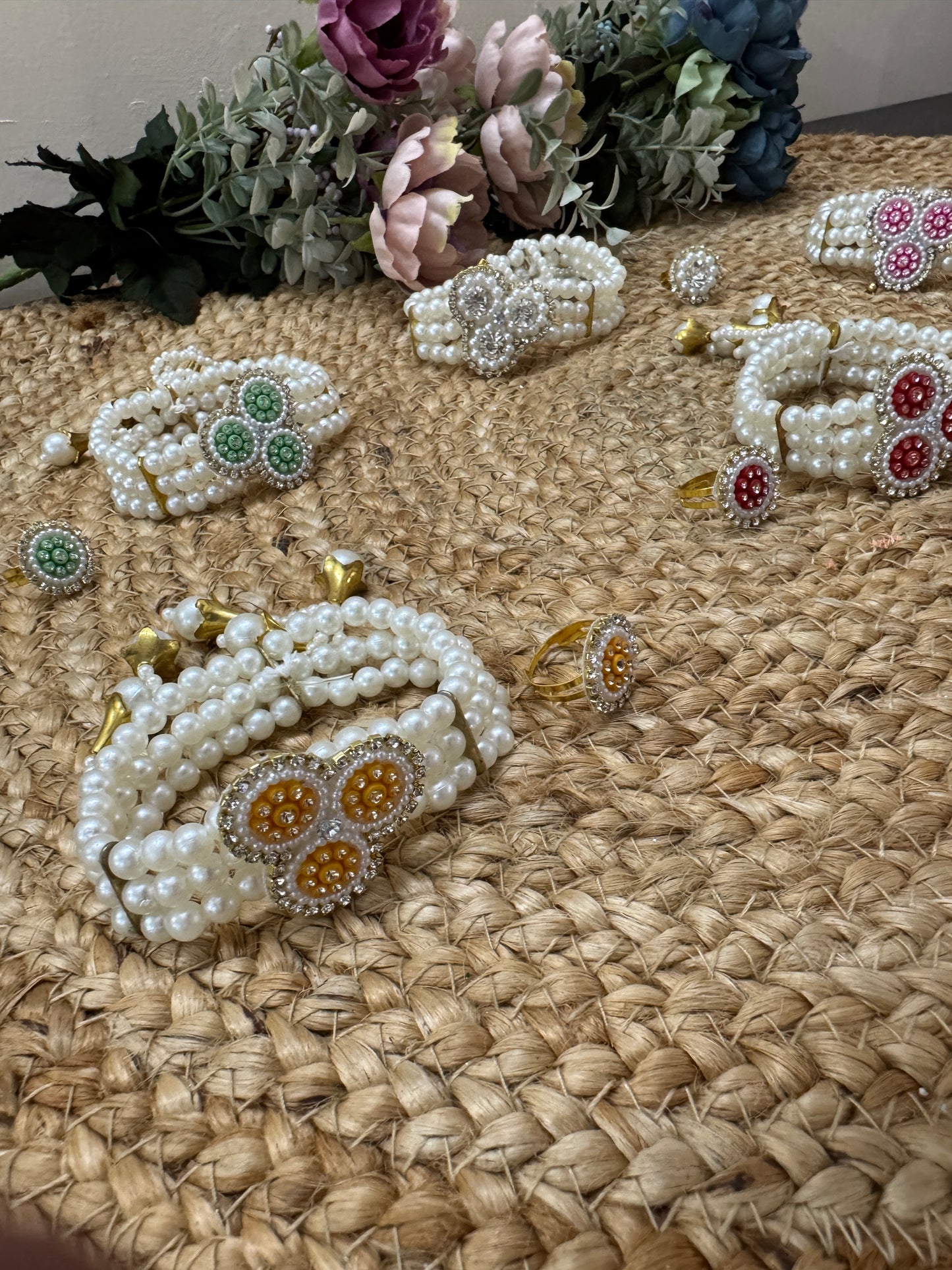 Pearl Bracelet & Ring Set – Wedding Haldi Mehendi Favour (Color Assorted)