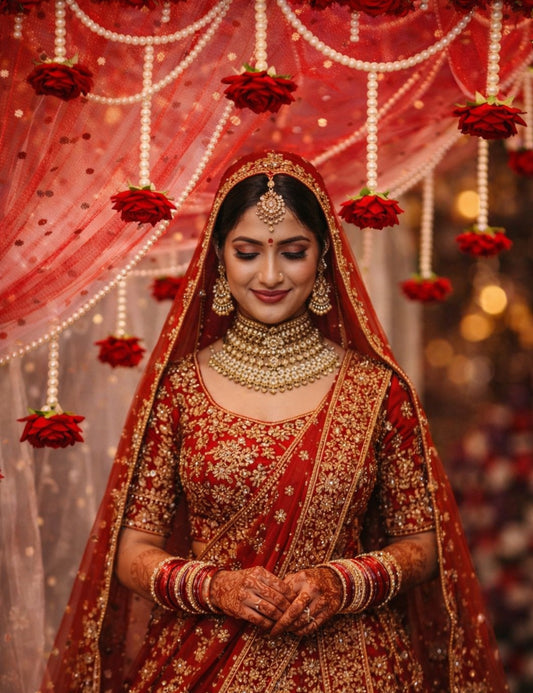 Red Bridal Entry Dupatta with Rose & Pearl Hangings