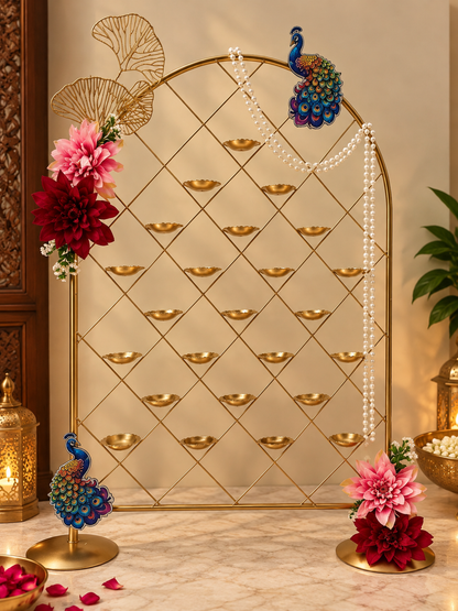 Brass-Coated Deep Mahal with 24 Diyas | Peacock & Floral Diwali Decor