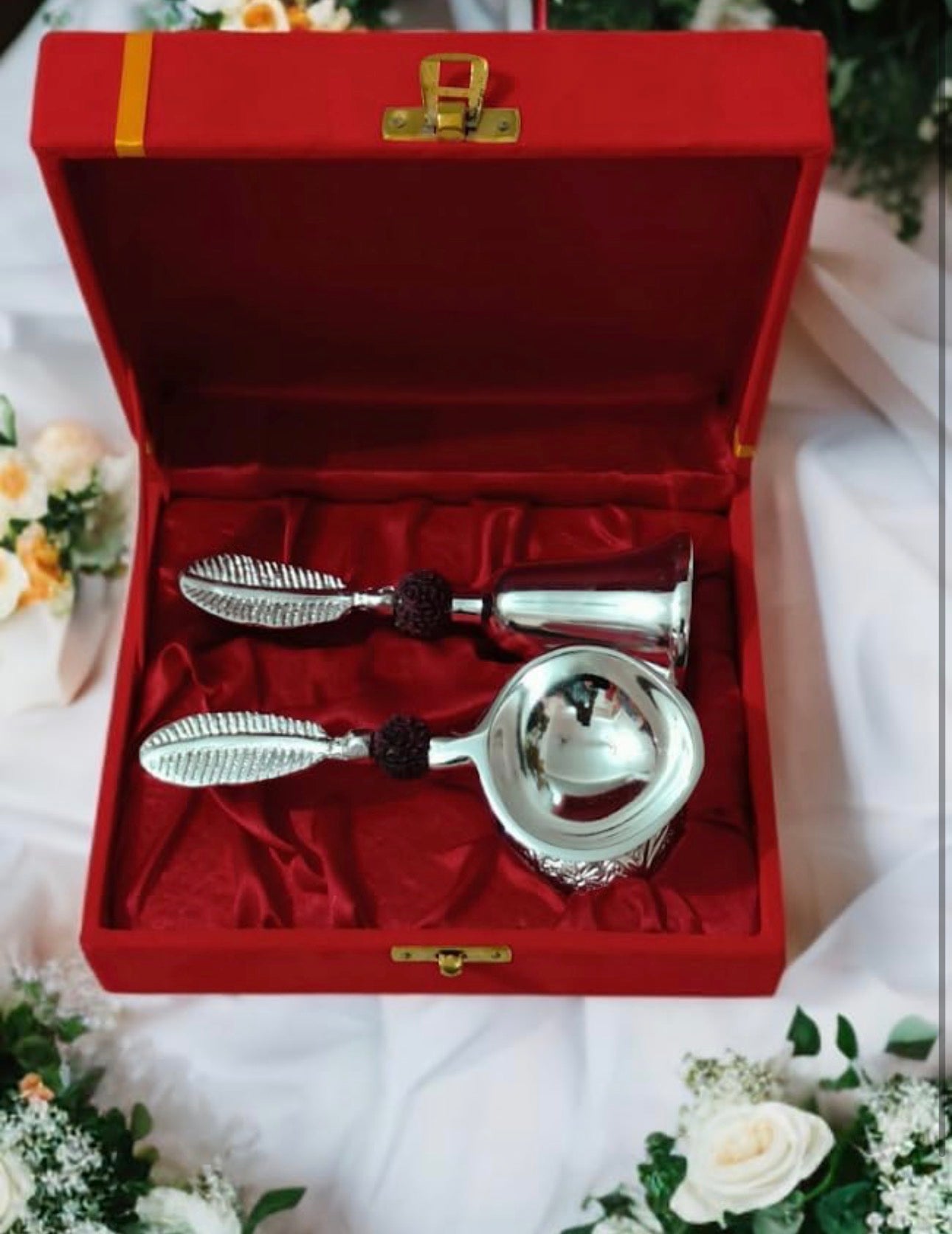 Rudraksh Diya & Bell Set with Velvet Box