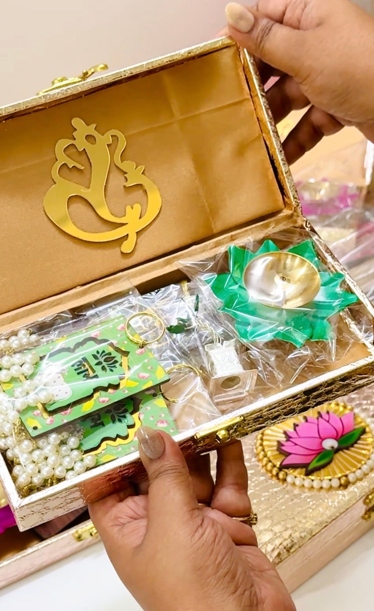 Premium Golden Lotus Spiritual Gift Hamper | Ganpati Box, Hanuman Chalisa & Lotus Diya