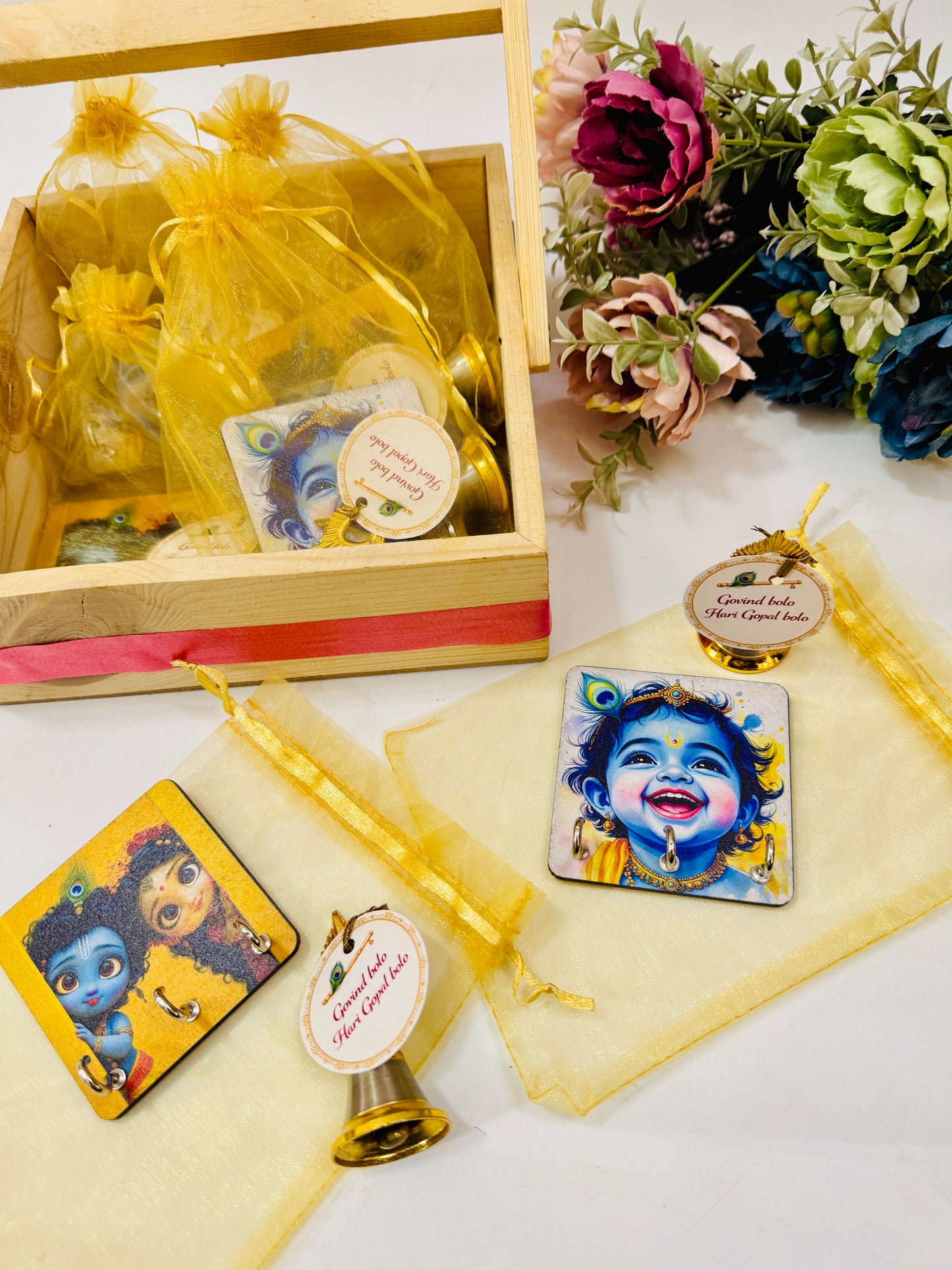 Krishna Bhajan Return Gift Set (Potli + Bell + Key Hanging)